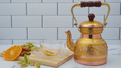 Bakır Küçük Boy Tekli Çaydanlık, 1300 Ml, Altın