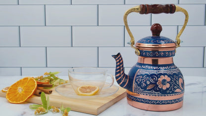 Bakır Küçük Boy Tekli Çaydanlık, 1300 Ml, Mavi