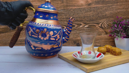 Bakır İkili Çaydanlık, 2850 Ml, Mavi