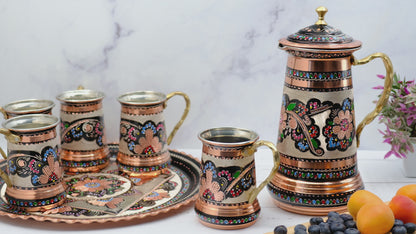 Kapaklı Bakır Sürahi ve Tepsili Bardak Takımı, Renkli