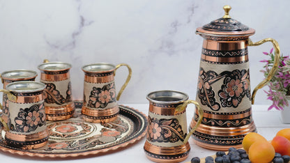 Kapaklı Bakır Sürahi ve Tepsili Bardak Takımı, Siyah