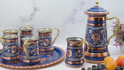 Kapaklı Bakır Sürahi ve Tepsili Bardak Takımı, Mavi