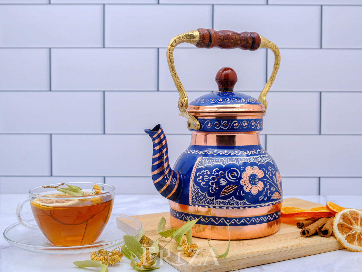 Bakır Küçük Boy Tekli Çaydanlık, 1300 Ml, Mavi