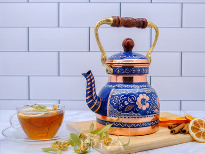 Bakır Küçük Boy Tekli Çaydanlık, 1300 Ml, Mavi