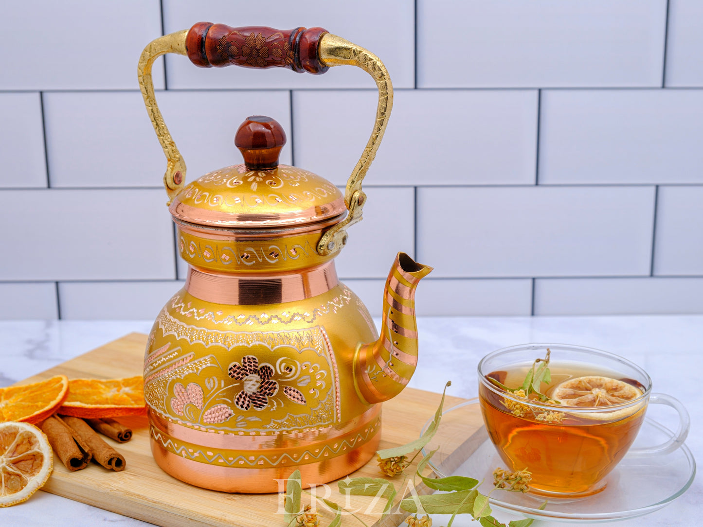 Bakır Küçük Boy Tekli Çaydanlık, 1300 Ml, Altın