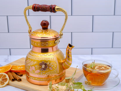 Bakır Küçük Boy Tekli Çaydanlık, 1300 Ml, Altın