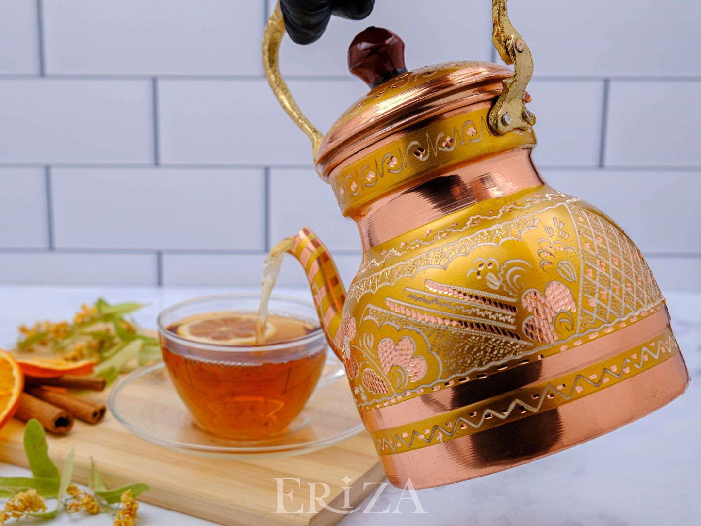 Bakır Küçük Boy Tekli Çaydanlık, 1300 Ml, Altın