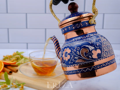 Bakır Küçük Boy Tekli Çaydanlık, 1300 Ml, Mavi