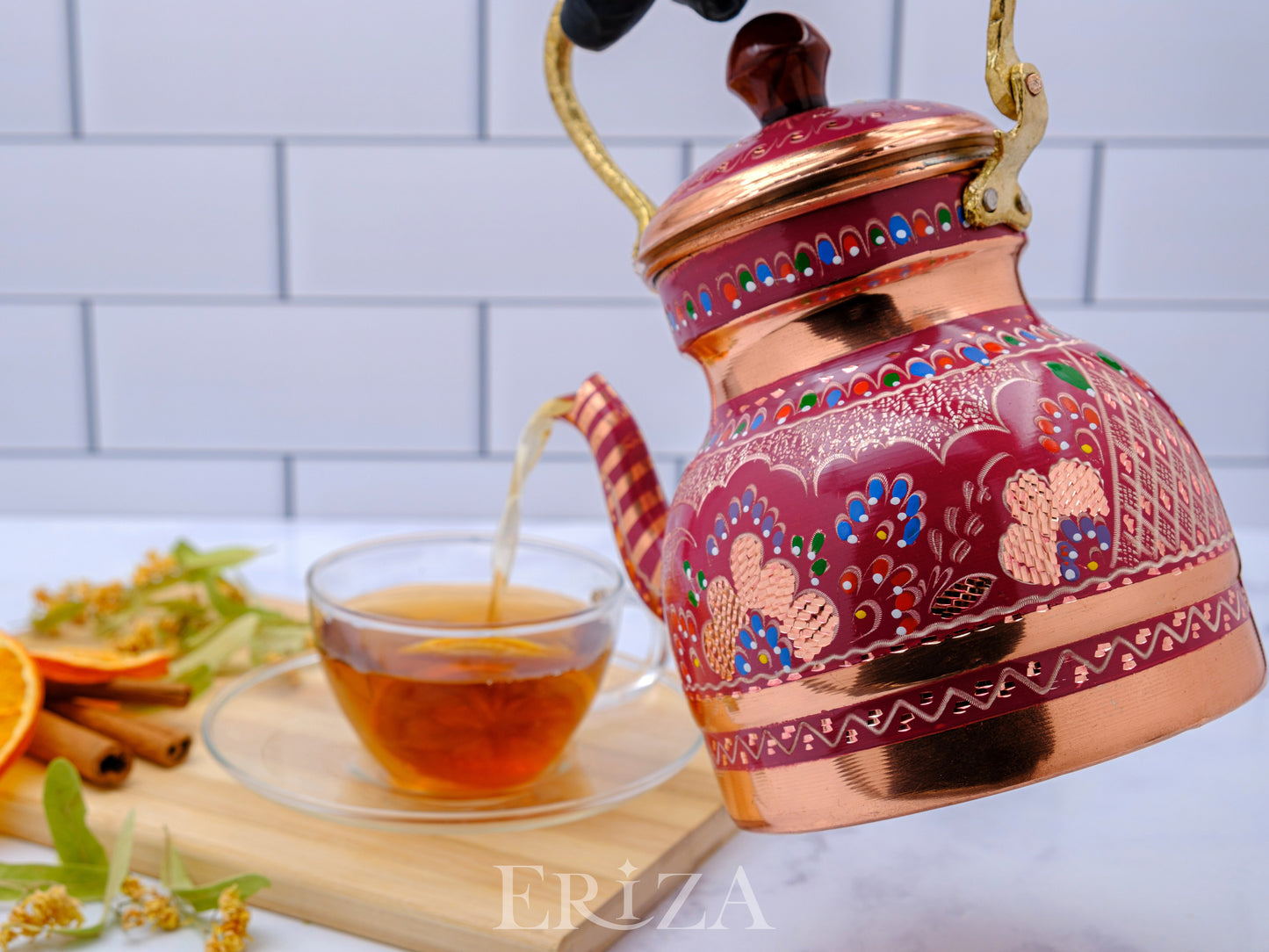 Bakır Küçük Boy Tekli Çaydanlık, 1300 Ml, Lila