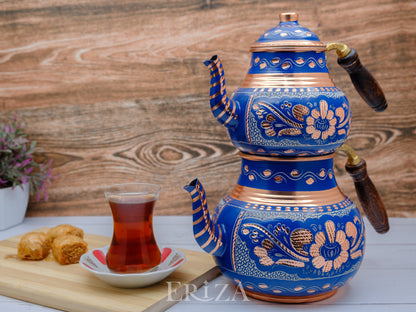 Bakır İkili Çaydanlık, 2850 Ml, Mavi