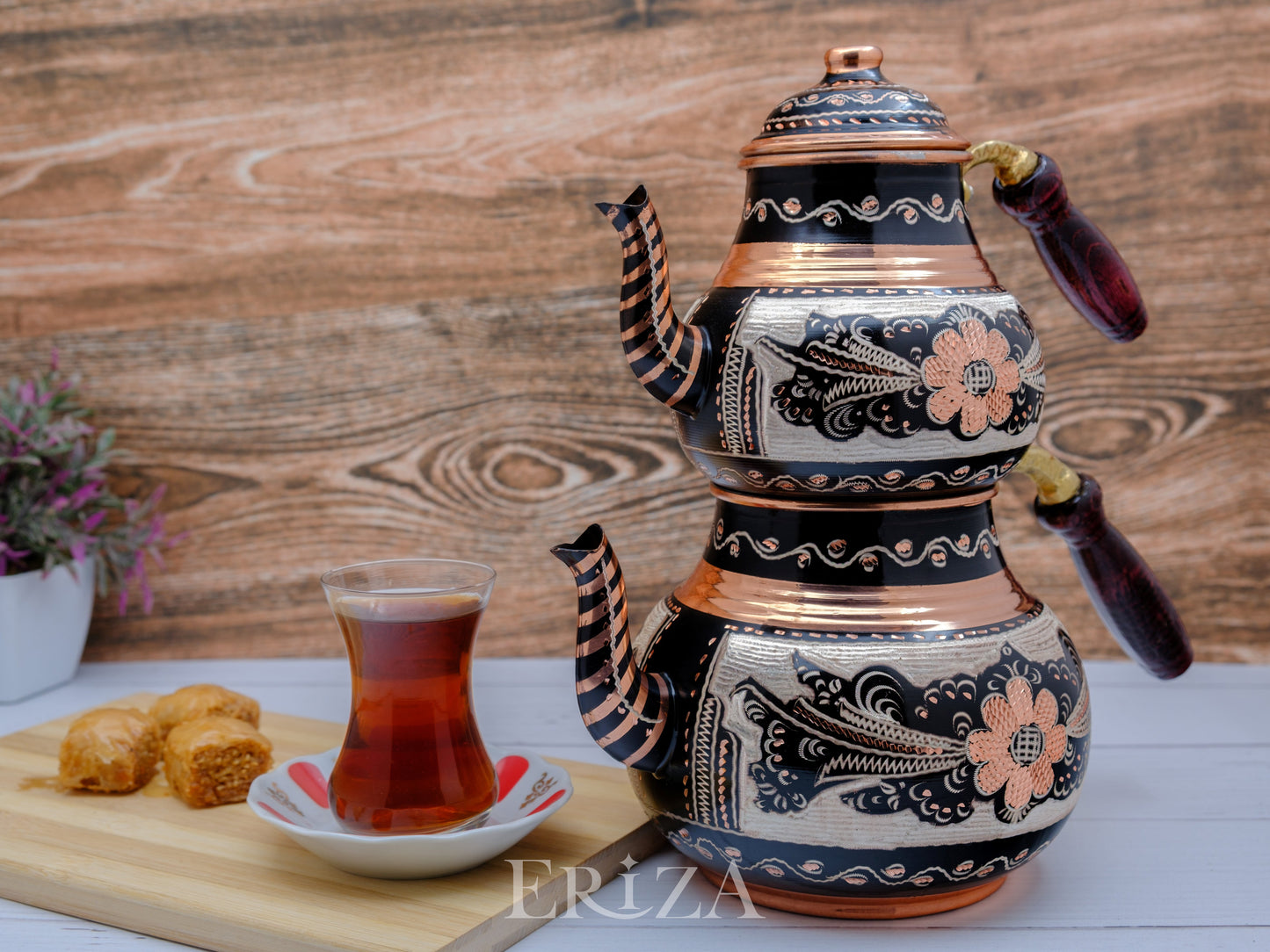 Bakır İkili Çaydanlık, 2850 Ml, Siyah