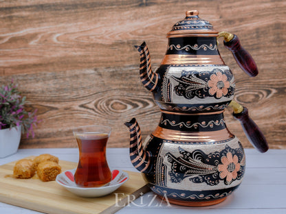 Bakır İkili Çaydanlık, 2850 Ml, Siyah