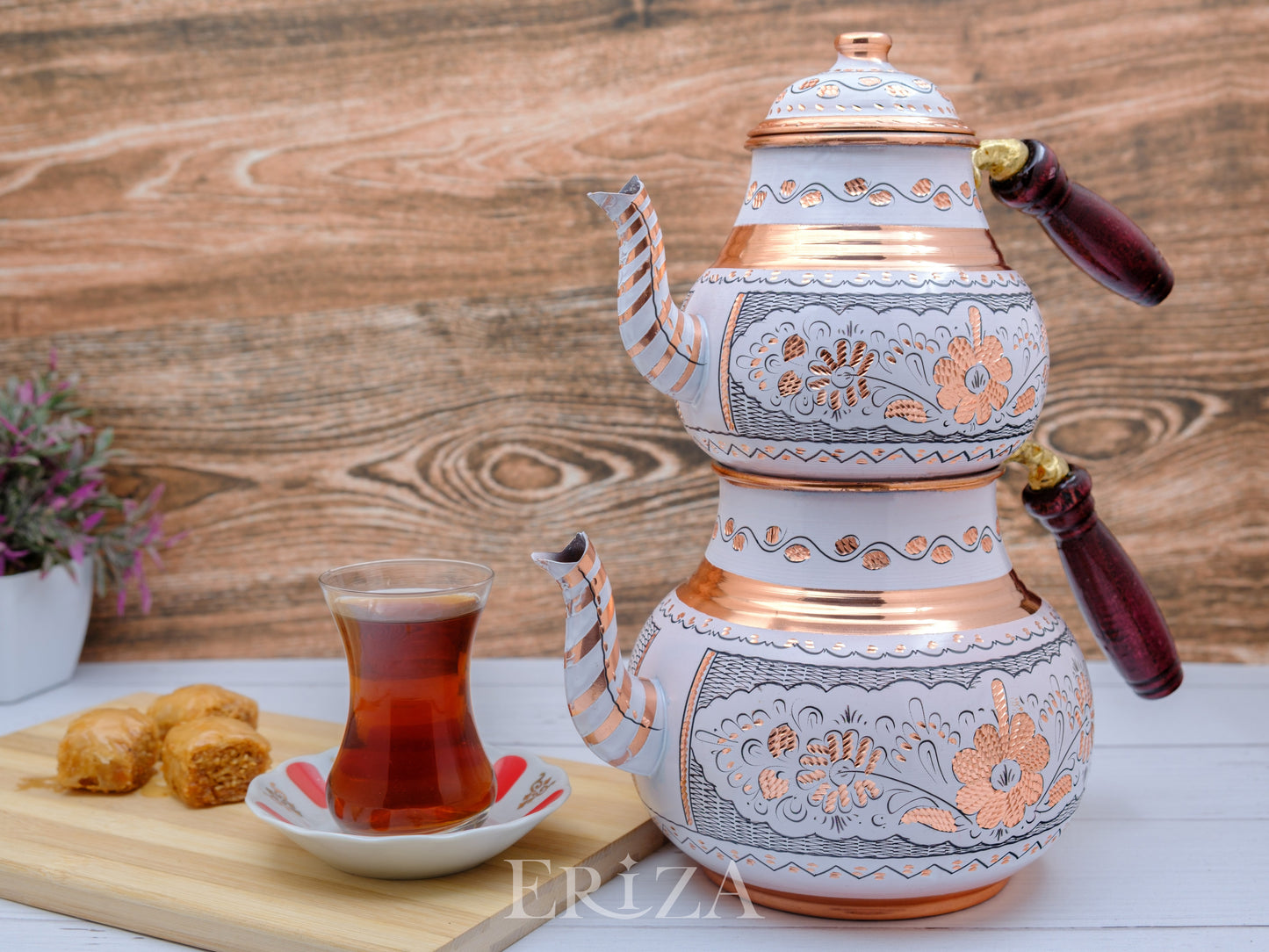 Bakır İkili Çaydanlık, 2850 Ml, Beyaz