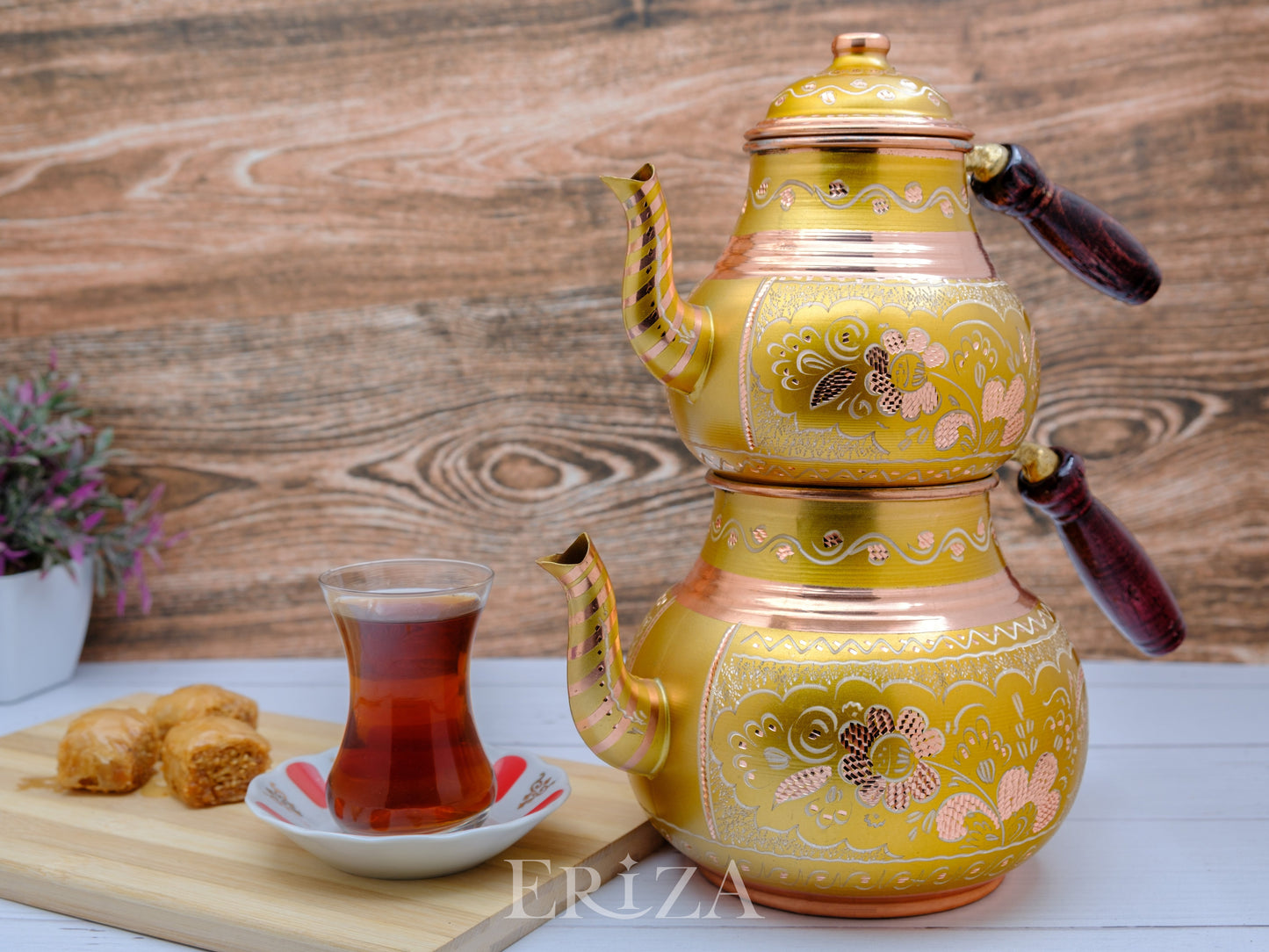 Bakır İkili Çaydanlık, 2850 Ml, Altın