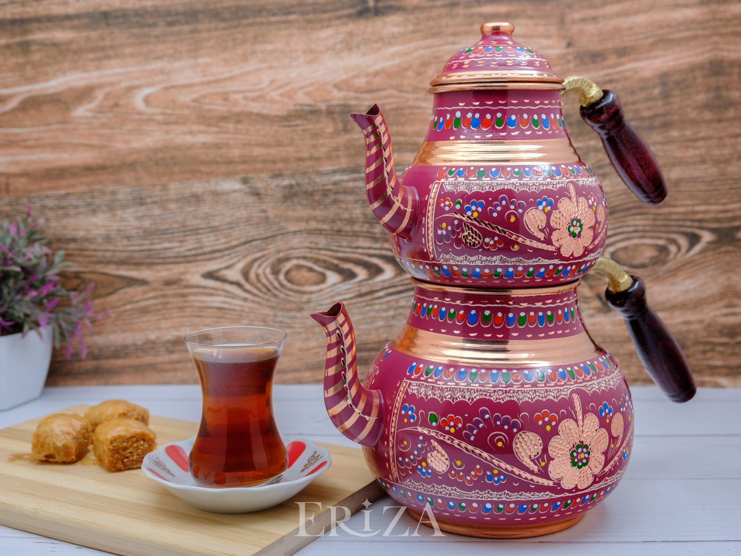 Bakır İkili Çaydanlık, 2850 Ml, Lila
