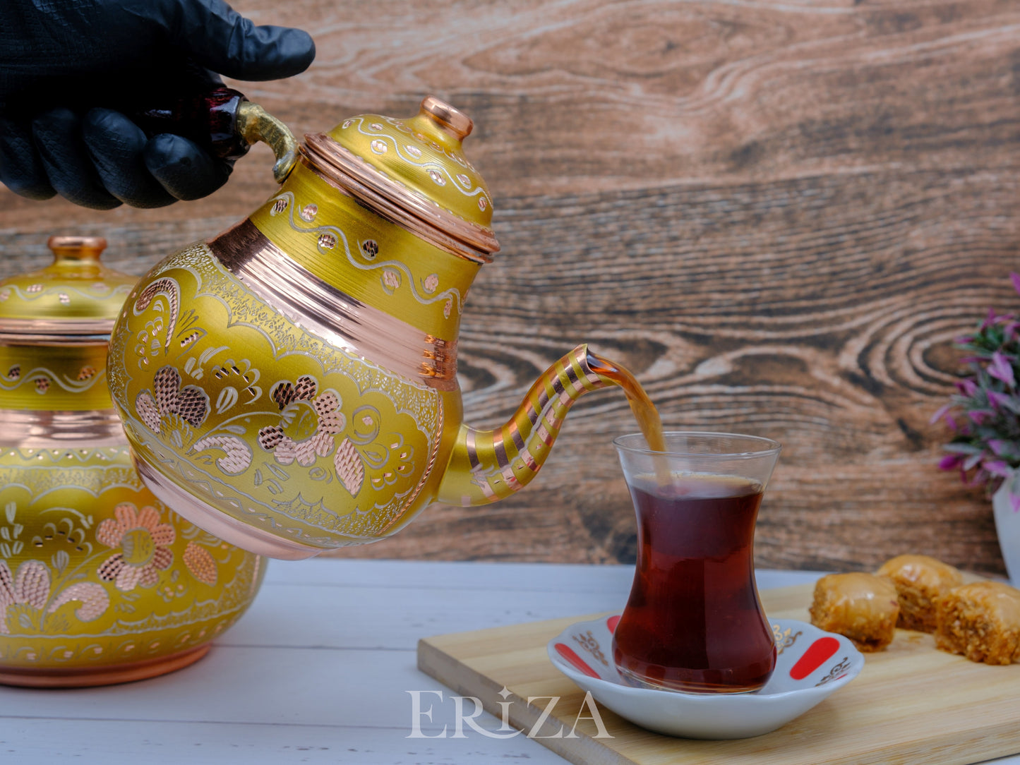 Bakır İkili Çaydanlık, 2850 Ml, Altın