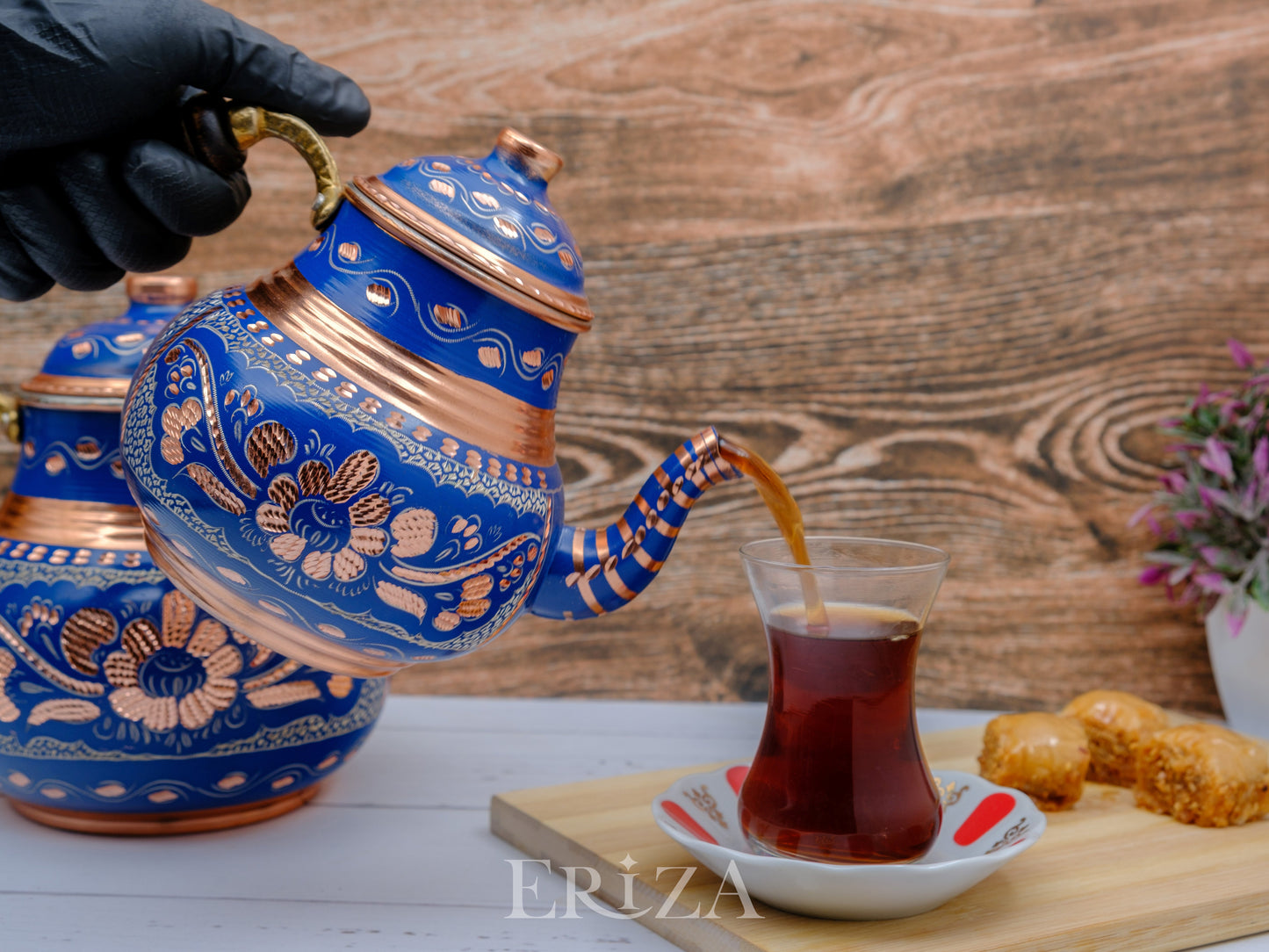 Bakır İkili Çaydanlık, 2850 Ml, Mavi
