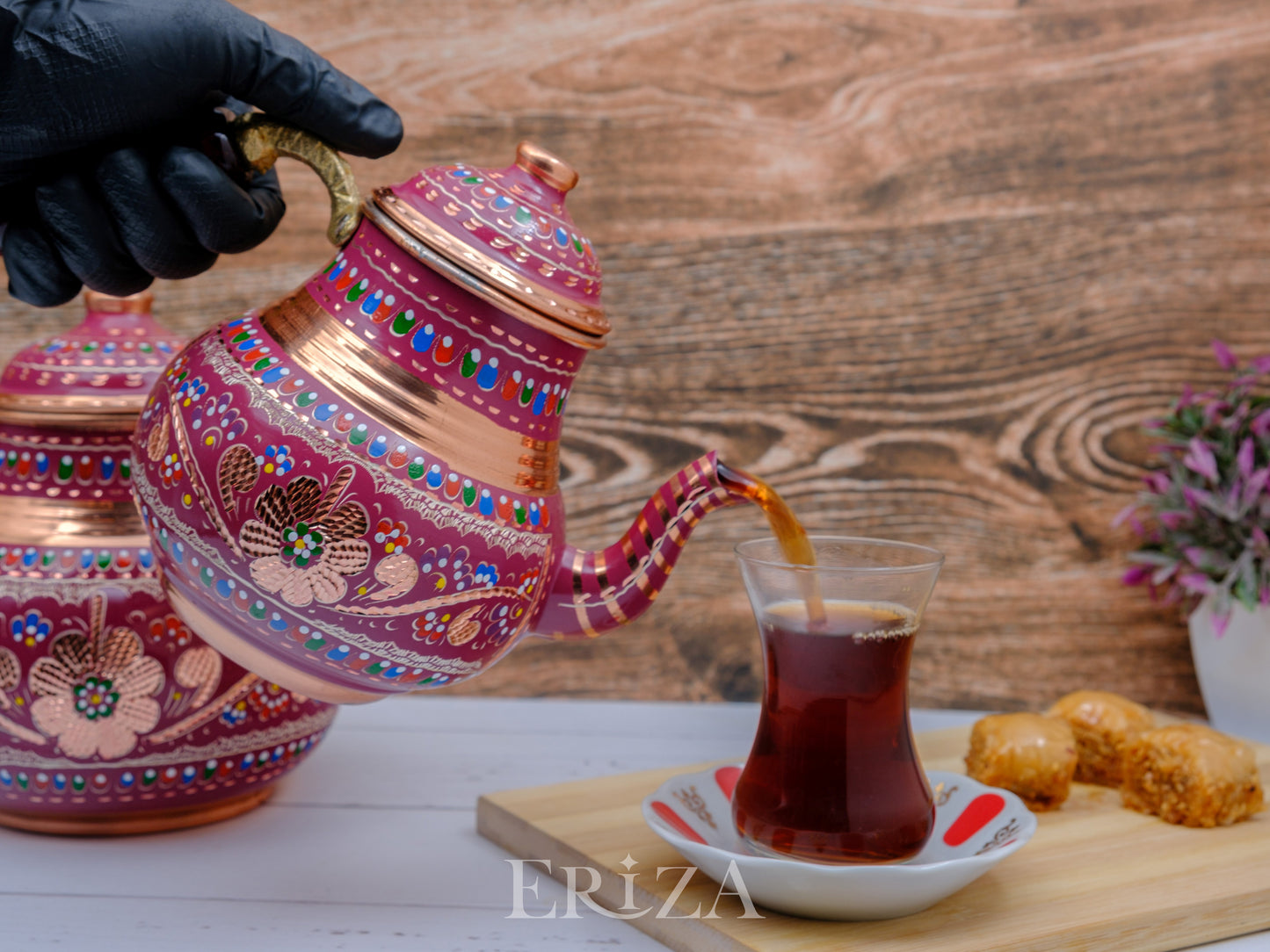 Bakır İkili Çaydanlık, 2850 Ml, Lila