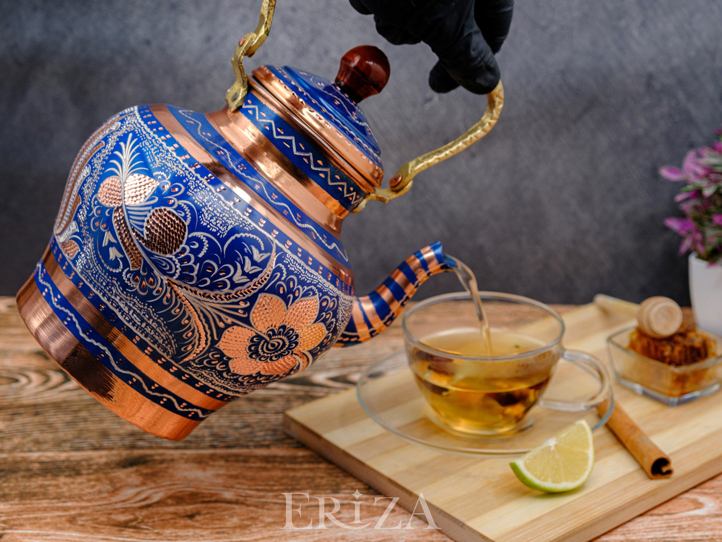 Bakır Nostaljik Çaydanlık, 1900 Ml, Mavi
