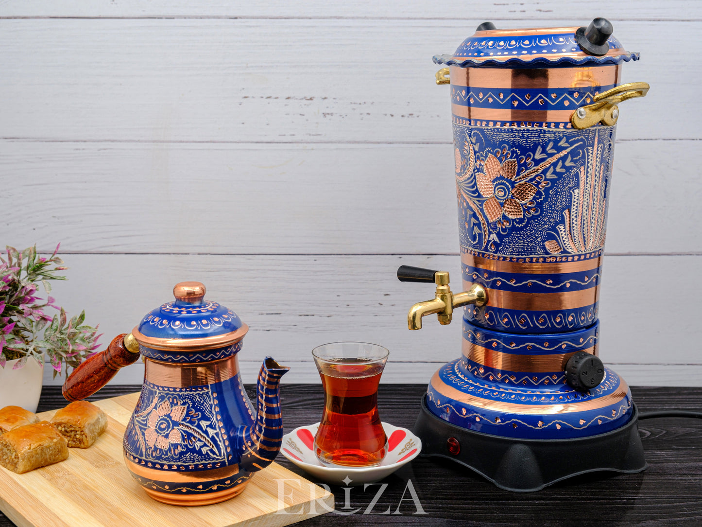 Bakır Elektrikli Semaver, Küçük Boy, Mavi