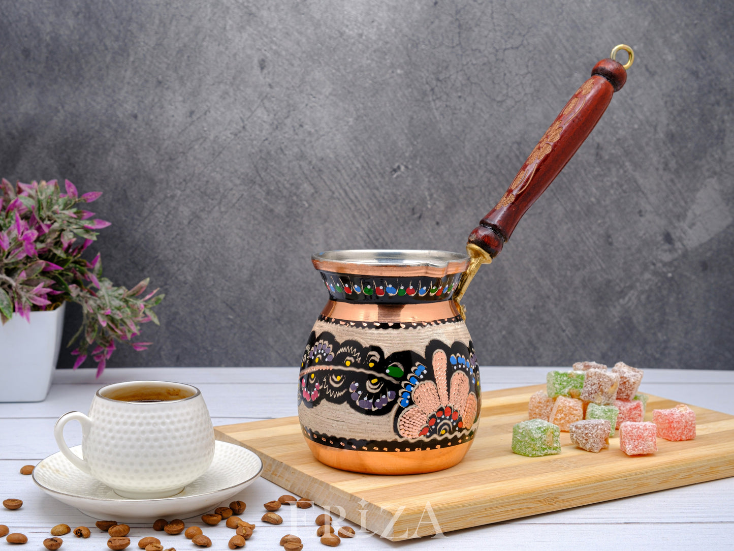 Bakır Türk Kahvesi Cezvesi,  Renkli