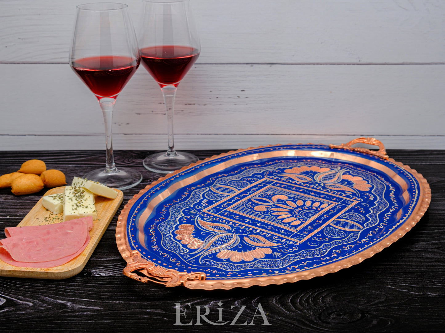 Bakır Oval Servis Tepsisi, Mavi