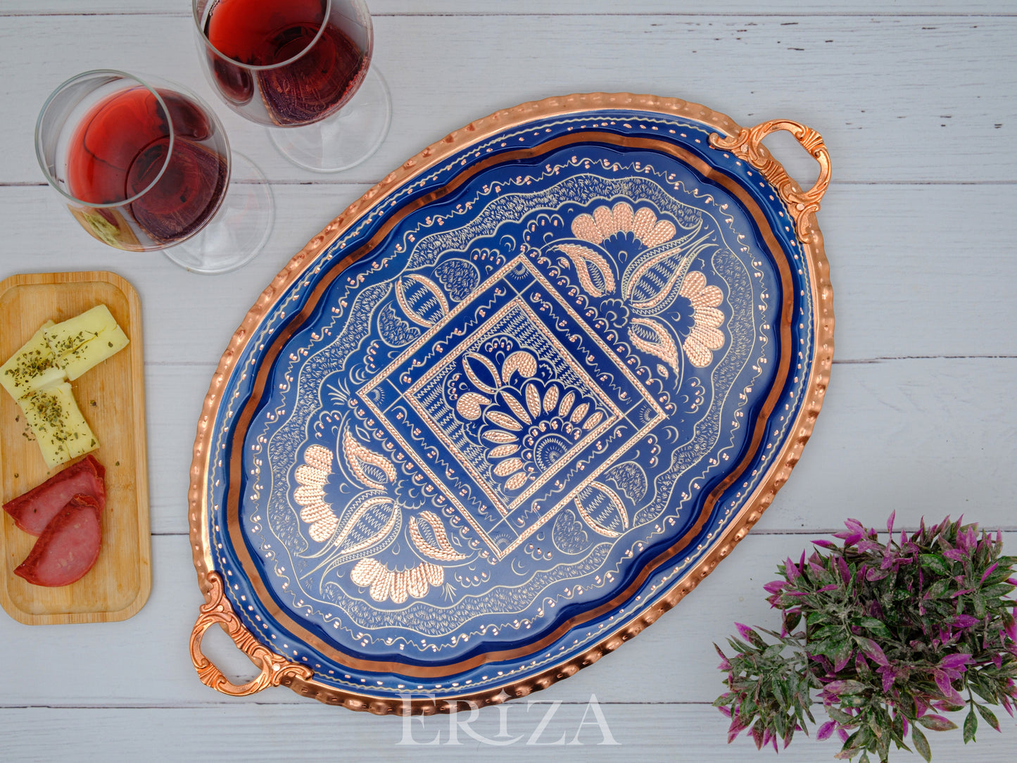 Bakır Oval Servis Tepsisi, Mavi