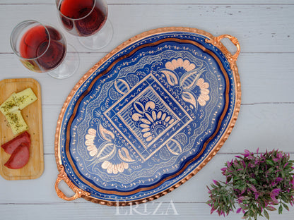 Bakır Oval Servis Tepsisi, Mavi