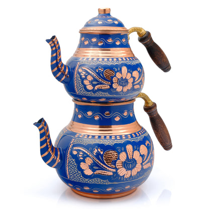 Bakır İkili Çaydanlık, 2850 Ml, Mavi